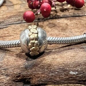 Authentic Pandora Charm 14k Gold Saturn Flower Bead Two Tone Silver Floral